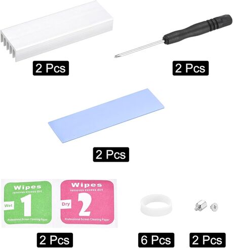 MECCANIXITY 2 Pack M.2 SSD Heatsink Cooler Alloy Aluminum Heat Sink with Mounting Screws Screwdriver Kit,1mm Thermal Pad, for Laptop, 70 * 22 * 10mm, Silver Tone in Kuwait