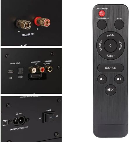 Monolith Powered Desktop Speakers - 100-Watt with Optical and USB Inputs, Subwoofer Output, Bluetooth aptX HD, Remote Control Included, for PCs and Laptops, Black, MTM-100 in Saudi Arabia
