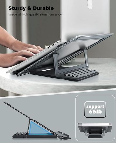 حامل كمبيوتر محمول B-Land للمكتب، حامل كمبيوتر محمول قابل للطي وحامل كمبيوتر من الألومنيوم، حامل كمبيوتر محمول بارتفاع قابل للتعديل بأربعة مستويات متوافق مع أجهزة MacBook وAir وPro وDell XPS وSamsung جميع أجهزة الكمبيوتر المحمولة مقاس 10-17 بوصة in Kuwait