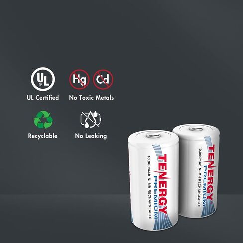 Tenergy Combo: 4 pcs Premium D Size Rechargeable Batteries High Capacity 10000mAh NiMH - UL Certified in Saudi Arabia