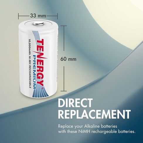 Tenergy Combo: 4 pcs Premium D Size Rechargeable Batteries High Capacity 10000mAh NiMH - UL Certified in Saudi Arabia