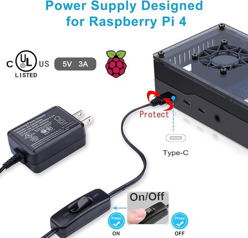 سمارازا حافظة راسبيري باي 4، حافظة اكريليك لراسبيري باي 4 بي مع مروحة تبريد 35 ملم، 4 قطع مشتت حراري، مصدر طاقة 5 فولت 3 امبير لراسبيري بي اي 4 موديل بي، RPI 4 8GB/4GB/2GB (لوحة RPI غير متضمنة) in Kuwait