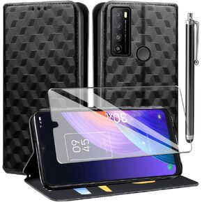 حافظة RTYJZ لهاتف TCL 30 XL، حافظة محفظة TCL 30 XL مع واقي شاشة من الزجاج المقسى مع حامل بطاقة بمسند مغناطيسي، حافظة جلدية PU لهاتف TCL 30 XL (T701DL) (أسود) in Kuwait