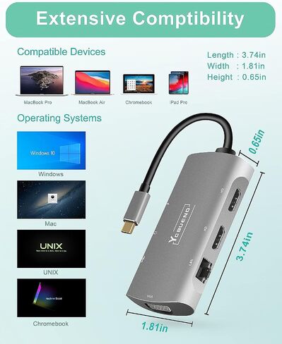 YCBUENO 7 in 1 USB C to USB Hub Multiport Adapter USB C Splitter 4K@60HZ HDMI 100W PD SD/TF Card Reader 3 Ports USB3.0 for MacBook Pro/Air,iPad Pro,Dell,Chromebook,Keyboard,Mouse,HDD in Kuwait