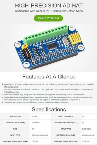 High-Precision AD HAT ADS1263 10-Channel 32-Bit ADC SPI Bus Low Noise Low Temperature Drift,for Raspberry Pi 4B/3B+/3B/2B/Zero/Zero W/Zero WH/2W and Jetson Nano in Saudi Arabia