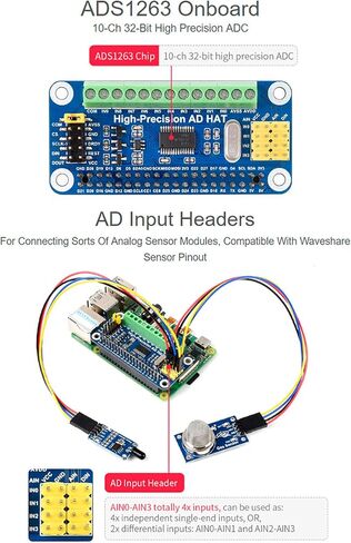 High-Precision AD HAT ADS1263 10-Channel 32-Bit ADC SPI Bus Low Noise Low Temperature Drift,for Raspberry Pi 4B/3B+/3B/2B/Zero/Zero W/Zero WH/2W and Jetson Nano in Saudi Arabia