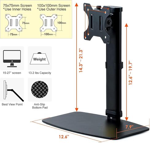 SANWA Single Monitor Stand, Freestanding VESA Monitor Desk Mount Fits 15" to 27" Computer Screen, 13.2 lbs, Height Adjustable with Swivel, Tilt, 360° Rotation, VESA 100x100 75x75mm, Black in Kuwait