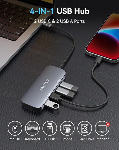 WENTER USB C Hub, 10 Gbps USB Adapter with 2 USB-C Ports and 2 USB-A Ports, 4-in-1 Data USB C 3.1 Hub for MacBook Pro, MacBook Air, Dell XPS, Lenovo Thinkpad, HP ect. (Not for Charging/Monitor) in Kuwait