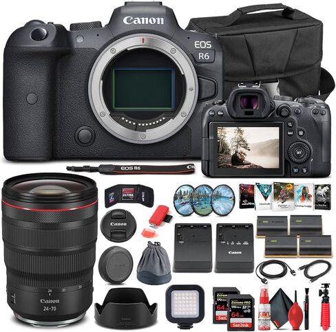 كاميرا Canon EOS R6 الرقمية بدون مرآة (الهيكل فقط) 4082C002 + عدسة Canon RF مقاس 24-70 مم + بطاقة ذاكرة 2 × 64 جيجابايت + حقيبة + برنامج Corel + 3 بطاريات LPE6 × + شاحن خارجي + قارئ بطاقات + المزيد (متجددة) in Saudi Arabia