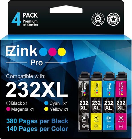 استبدال خرطوشة الحبر المعاد تصنيعها E-Z Ink Pro 232XL لطابعة Epson 232 XL 232XL 232 لطابعة Epson Expression Home XP-4200 XP-4205 Workforce WF-2930 WF-2950 (4 عبوات باللون الأسود والسماوي والأرجواني والأصفر) in Kuwait