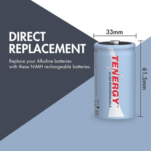 Tenergy 10000mAh NiMH D Battery, Rechargeable High Capacity D Size Battery, High Drain D Cell Batteries for Flashlight, 16-Pack - UL Certified in Saudi Arabia