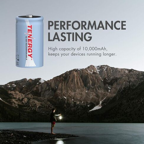 Tenergy 10000mAh NiMH D Battery, Rechargeable High Capacity D Size Battery, High Drain D Cell Batteries for Flashlight, 16-Pack - UL Certified in Saudi Arabia