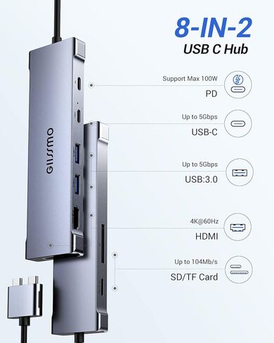 محطة إرساء لجهاز MacBook Pro Air، محول HDMI مزدوج لجهاز MacBook Pro، موزع USB C 8 في 2 مع HDMI، 2 USB 3.0، قارئ بطاقة SD/TF، ​​USB-C، محول متعدد المنافذ 100 واط PD لجهاز MacBook Pro / Air 2021-2018 in Kuwait