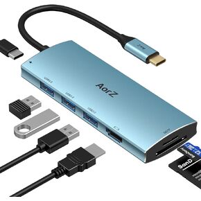 موزع USB C، محول USB Hub إلى HDMI متعدد المنافذ AorZ USB C Dongle 7 في 1 مع مخرج HDMI، 3 منافذ USB 3.0، منافذ SD/Micro SD، 100W PD، متوافق مع MacBook والمزيد من أجهزة النوع C USB C HUB (أزرق غامق) in Kuwait