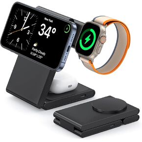 Wireless Charging Station with 20W USB C Adapter, 3 in 1 Magnetic Foldable Travel Charger Stand for iPhone 15 14 13 12 Pro Max/Plus/Pro, Compatible with Apple Watch 9/8/7/6/5/4/3/2/SE/Ultra/Airpods