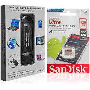 Mobile Deals Portable Memory Card Reader 3-in-1 USB 2.0 and Micro USB to USB-C OTG Adapter for SDXC, SDHC, SD, MMC, Micro SDXC, Micro SD, Micro SDHC, UHS-I + SanDisk 128GB Ultra Memory Card (1-Pack) in Saudi Arabia