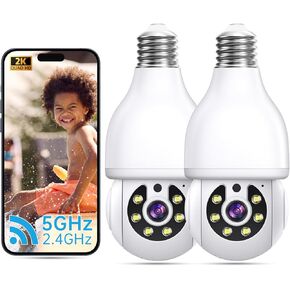 2PCS Light Bulb Security Cameras Wireless Outdoor - 2.4G&5GHz WiFi 2K Security Camera 360° Motion Detection Cameras for Home Security Indoor Outside,Color Night Vision,Human Detection,Two-Way Talk in Kuwait