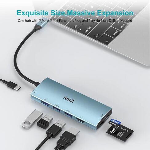 موزع USB C، محول USB Hub إلى HDMI متعدد المنافذ AorZ USB C Dongle 7 في 1 مع مخرج HDMI، 3 منافذ USB 3.0، منافذ SD/Micro SD، 100W PD، متوافق مع MacBook والمزيد من أجهزة النوع C USB C HUB (أزرق غامق) in Saudi Arabia