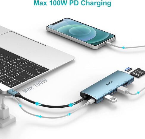 موزع USB C، محول USB Hub إلى HDMI متعدد المنافذ AorZ USB C Dongle 7 في 1 مع مخرج HDMI، 3 منافذ USB 3.0، منافذ SD/Micro SD، 100W PD، متوافق مع MacBook والمزيد من أجهزة النوع C USB C HUB (أزرق غامق) in Saudi Arabia