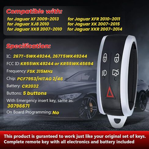 Aichiyu دخول بدون مفتاح ذكي مفتاح التحكم عن بعد استبدال فوب لجاكوار XF XFR XJ8 XK XK8 XKR 2007 2008 2009 2010 2011 2012 2013 2014 2015 FCC ID: KR55WK49244 KR55WK45694 315Mhz PCF7953 Chip in Saudi Arabia