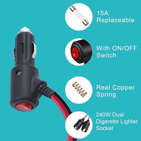 Car Cigarette Lighter Adapter, ROÉKO 1 to 2 DC 12V 24V Plug Splitter, 2 Socket with Switch, 5.9 inches Cigarette Lighter Extension Cord UL Wire with 15A Fuses Compatible Cars in Kuwait