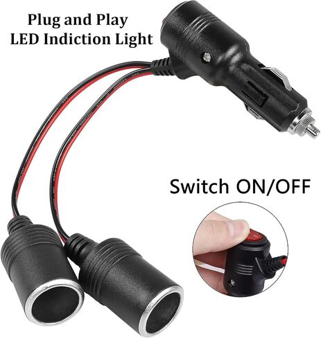 Car Cigarette Lighter Adapter, ROÉKO 1 to 2 DC 12V 24V Plug Splitter, 2 Socket with Switch, 5.9 inches Cigarette Lighter Extension Cord UL Wire with 15A Fuses Compatible Cars in Kuwait