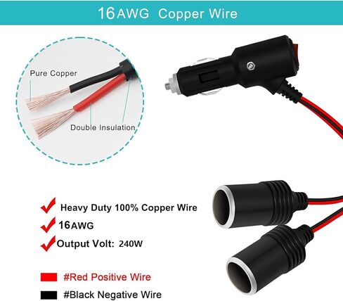 Car Cigarette Lighter Adapter, ROÉKO 1 to 2 DC 12V 24V Plug Splitter, 2 Socket with Switch, 5.9 inches Cigarette Lighter Extension Cord UL Wire with 15A Fuses Compatible Cars in Kuwait