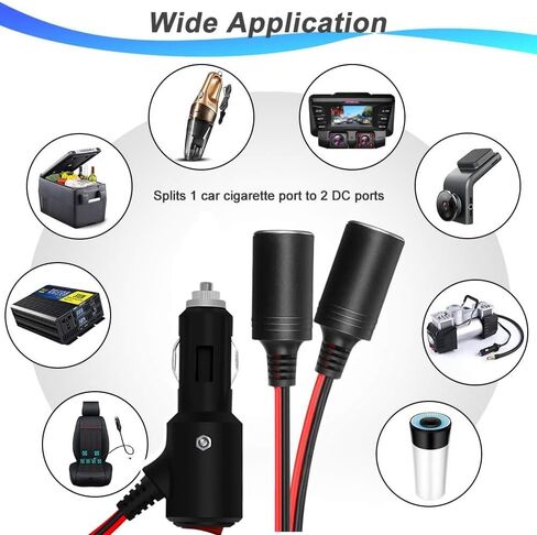 Car Cigarette Lighter Adapter, ROÉKO 1 to 2 DC 12V 24V Plug Splitter, 2 Socket with Switch, 5.9 inches Cigarette Lighter Extension Cord UL Wire with 15A Fuses Compatible Cars in Kuwait