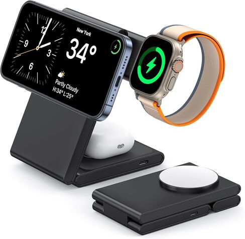 New Travel Foldable 3 in 1 Wireless Charging Station for Apple Magsafe Charger Stand,Fast Magnetic Wireless Charger Station for iPhone 17 Air 16 15 14 13 12 Series,Airpods Pro,Apple Watch Ultra in Kuwait