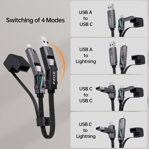 PZOZ 60 واط كابل قصير لشاحن سلسلة المفاتيح المحمولة مع شاشة LED، 4 في 1 متعدد USB C شحن سريع كومبو لايتنينج/نوع C/USB A/USBC لمنافذ iPhone iPad MacBook AirPods Samsung Google، 7.3 بوصة in Kuwait