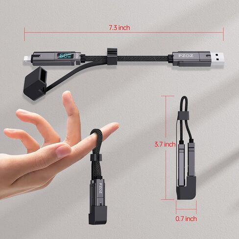PZOZ 60 واط كابل قصير لشاحن سلسلة المفاتيح المحمولة مع شاشة LED، 4 في 1 متعدد USB C شحن سريع كومبو لايتنينج/نوع C/USB A/USBC لمنافذ iPhone iPad MacBook AirPods Samsung Google، 7.3 بوصة in Kuwait