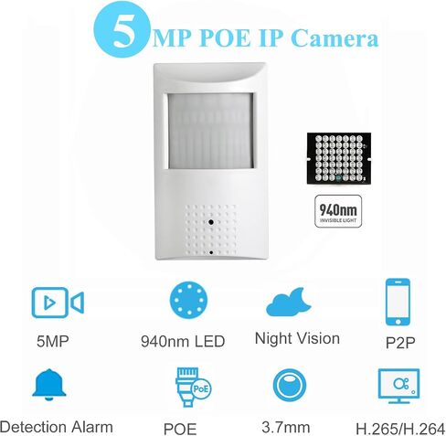 5MP POE PIR IP Camera,940nm 48 LEDs IR Night Vision,3.7mm Lens Indoor Security P2P PIR CCTV Video poe pir Camera,H.265 Motion Detection (IPIR-P-HS White) in Saudi Arabia