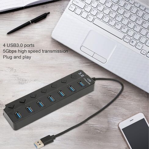 Zyyini USB Hub، 7 منافذ USB3.0 Hub، موزع بيانات USB فائق النحافة، نقل عالي السرعة 5 جيجابت في الثانية، لنظام التشغيل Windows، لنظام التشغيل X 10.0، لنظام التشغيل Linux، محرك الأقراص الصلبة المحمول، قارئ البطاقات، سماعة الرأس (أسود) in Kuwait