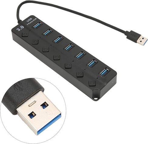 Zyyini USB Hub، 7 منافذ USB3.0 Hub، موزع بيانات USB فائق النحافة، نقل عالي السرعة 5 جيجابت في الثانية، لنظام التشغيل Windows، لنظام التشغيل X 10.0، لنظام التشغيل Linux، محرك الأقراص الصلبة المحمول، قارئ البطاقات، سماعة الرأس (أسود) in Kuwait