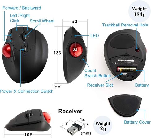 SANWA Dual Mode (Bluetooth 5.0 + 2.4G Wireless) Ergonomic Trackball Mouse, Optical Rollerball Mice, Programmable Buttons, Adjustable DPI, 5 Buttons, Compatible with MacBook, Windows, macOS, Android in Kuwait