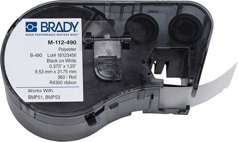 خرطوشة صانع الملصقات Brady M-112-490 بوليستر B-490 باللون الأسود على الأبيض، عرض 3/8 بوصة × ارتفاع 1-1/4 بوصة، لطابعات BMP51/BMP53 in Saudi Arabia
