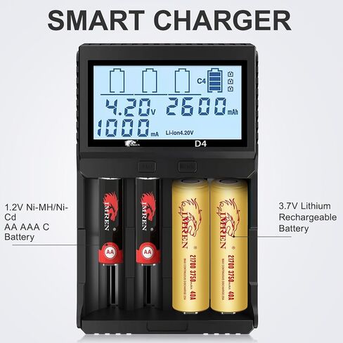 IMREN 18650 Battery Charger, Smart Universal Fast 21700 Charger LCD Display for Rechargeable Batteries Ni-MH Ni-CD AA AAA C Li-ion LiFePO4 IMR 18650 18350 18500 20700 21700 26650 - Includes Car Adap in Kuwait