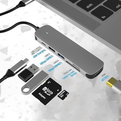 USB C HUB, USB C Adapter 6 in 1 with USB 3.0, 4K-HDMI, USB C Connection/PD, SD/TF Card Reader, Docking Station Compatible with MacBook Pro/Air Laptop and Other Type C Devices 10 in Saudi Arabia