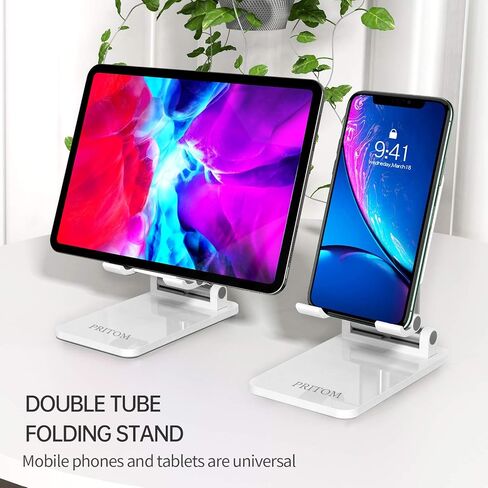حامل تابلت PRITOM، حامل هاتف قابل للتعديل بزاوية ارتفاع للمكتب والمكتب، متوافق مع iPad والأجهزة اللوحية والهواتف الذكية (4-12 بوصة) - أبيض in Kuwait