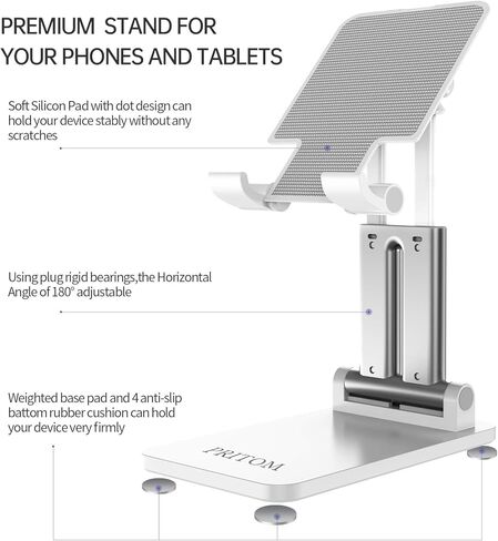 حامل تابلت PRITOM، حامل هاتف قابل للتعديل بزاوية ارتفاع للمكتب والمكتب، متوافق مع iPad والأجهزة اللوحية والهواتف الذكية (4-12 بوصة) - أبيض in Kuwait