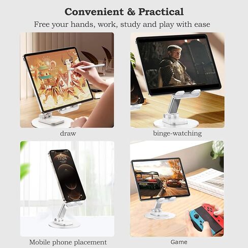 حامل تابلت PremierAdapter، حامل تابلت من الألومنيوم قابل للدوران 360 درجة، قابل للطي وقابل للتعديل، حامل هاتف محمول للمكتب متوافق مع iPad 9.7، 10.5، 12.9 Air mini، Kindle، أبيض [PA34] in Kuwait