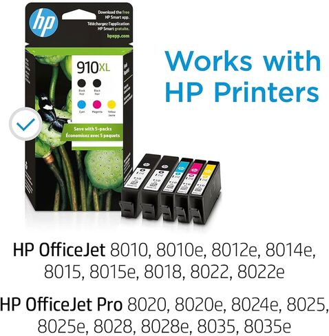 خراطيش حبر HP 910XL (6ZA58AN) (أرجواني سماوي أصفر أسود) 5 عبوات في عبوة البيع بالتجزئة in Kuwait