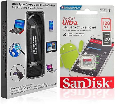 Mobile Deals Portable Memory Card Reader 3-in-1 USB 2.0 and Micro USB to USB-C OTG Adapter for SDXC, SDHC, SD, MMC, Micro SDXC, Micro SD, Micro SDHC, UHS-I + SanDisk 128GB Ultra Memory Card (1-Pack) in Saudi Arabia
