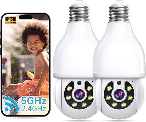 2PCS Light Bulb Security Cameras Wireless Outdoor - 2.4G&5GHz WiFi 2K Security Camera 360° Motion Detection Cameras for Home Security Indoor Outside,Color Night Vision,Human Detection,Two-Way Talk in Kuwait