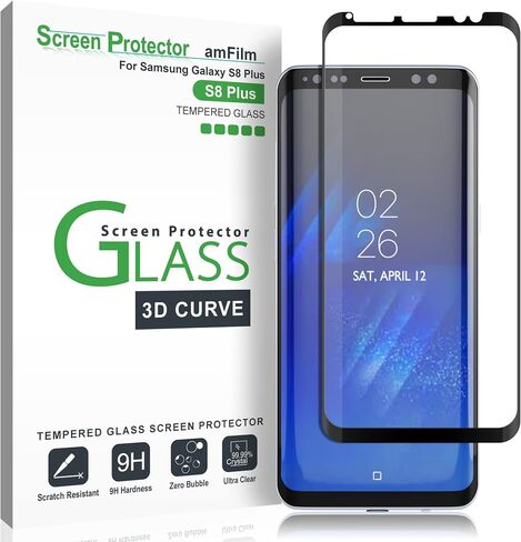 amFilm Glass Screen Protector for Samsung Galaxy S8 Plus, 3D Curved Tempered Glass, Dot Matrix with Easy Installation Tray, Case Friendly (Black), 1 Pack in Saudi Arabia