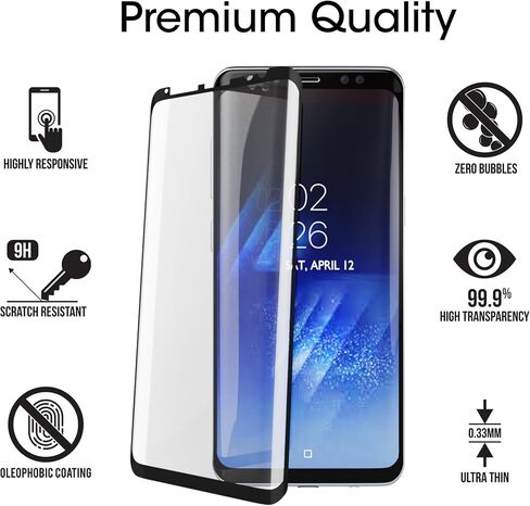 amFilm Glass Screen Protector for Samsung Galaxy S8 Plus, 3D Curved Tempered Glass, Dot Matrix with Easy Installation Tray, Case Friendly (Black), 1 Pack in Saudi Arabia