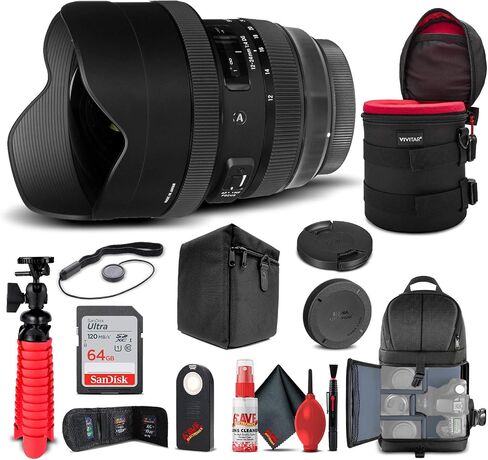Sigma 12-24mm f/4 DG HSM Art Lens for Nikon F (205955) Bundle + Backpack + 64GB Card + Lens Case + Card Reader + Cleaning Set + Flex Tripod + Memory Wallet + IR Remote + Cap Keeper in Saudi Arabia