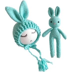 Matissa Newborn Baby Crochet Knit Costume Photography Prop Baby Bunny Hat and Doll Set