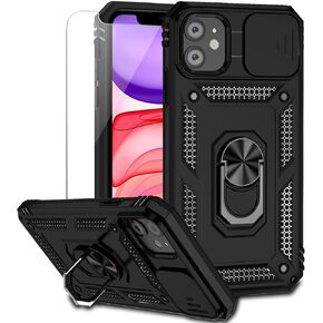 حافظة لهاتف iPhone 11 مع غطاء عدسة الكاميرا وواقي شاشة HD، طبقة مزدوجة [حماية من السقوط من الدرجة العسكرية بطول 15 قدمًا] حافظة هاتف واقية بمسند وحامل حلقي مغناطيسي لهاتف iPhone 11 6.1 بوصة (أزرق داكن) in Kuwait