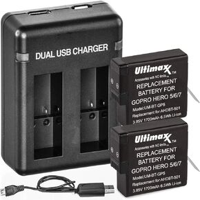 Ultimaxx Dual USB Battery Charger for GoPro HERO 5, 6, 7, & 8 Batteries with 2x Extended Life Replacement Batteries (1700mAh / 3.85V / 6.5Wh) for Use with GoPro HERO5, HERO6, HERO7 & HERO8 Action Cams in Kuwait